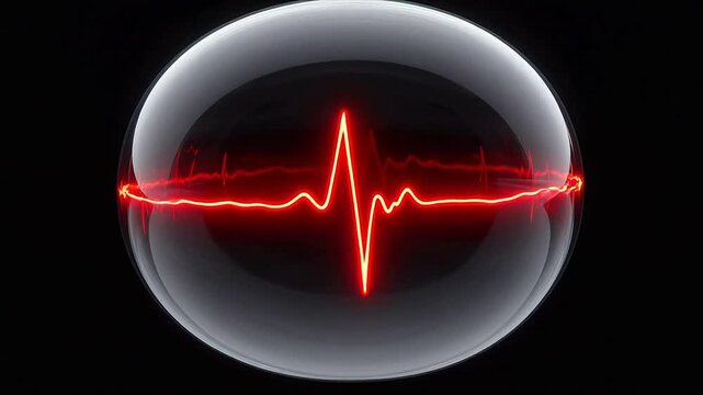 Glass sphere with glowing red heartbeat line for creative digital media and web design