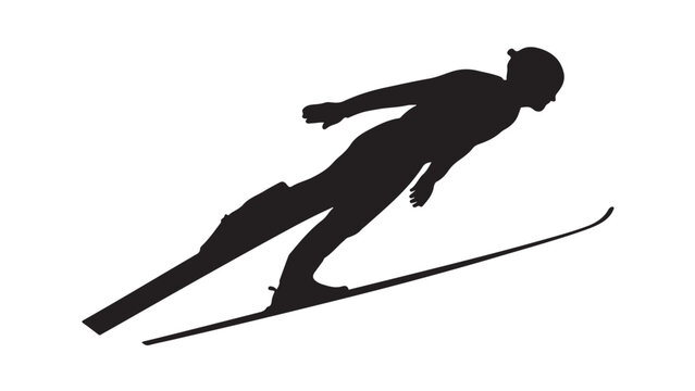 Black silhouette of ski jumper in mid flight