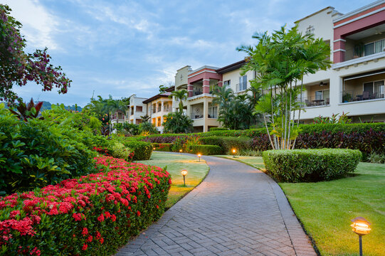 Cobblestone path with solar lamps in a garden at sunset.