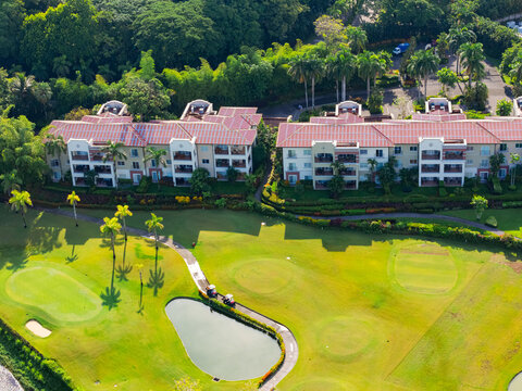 Aerial view of a luxury resort with extensive golf courses.