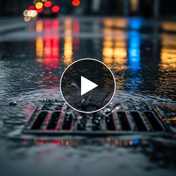 City street at night, rain creating reflections and draining