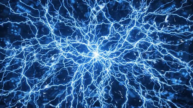 Electric energy sparks bright blue lightning bolts radiating dynamic electricity power surge with glowing electric arc and high voltage energy flow creating powerful motion visual effect dark