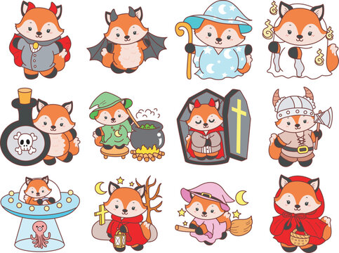 Cute set of Fox sticker with activity. Fox with variation of halloween theme