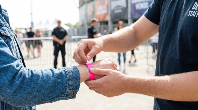 Event staff hands attaching pink paper entrance wristband to visitor arm at outdoor festival