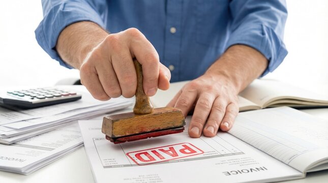 Accountant hands pressing wooden stamp to mark invoice document with red paid sign