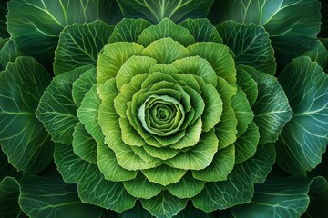 Fototapeta premium Fresh organic green cabbage showing intricate leaf patterns with vibrant symmetrical layers creating a beautiful and healthy natural food texture
