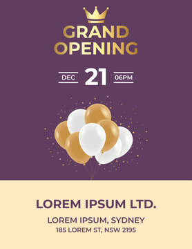 Elegant Purple and Gold Balloon Grand Opening Celebration Social Media Template