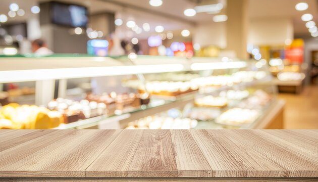 Empty wooden table top with blurred bakery background, perfect mockup space for product display, advertising, or food presentation in a warm caf&eacute; environment.