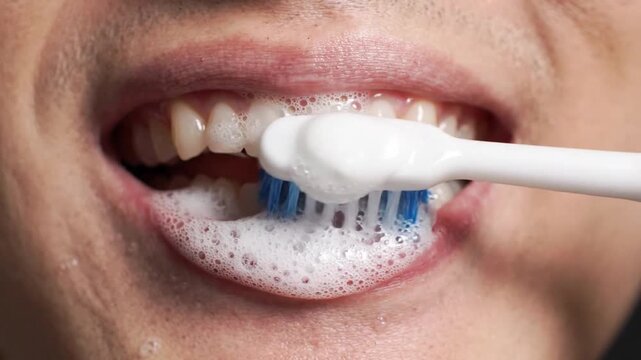 Close up of person brushing teeth with foamy toothpaste on white and electric toothbrush, dental hygiene routine promoting healthy smile, clean teeth, gums, foam, and dental care for fresh mouth