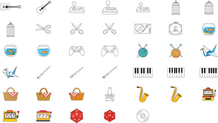 40 Hand-Drawn Minimalist Vector Icon Set with Editable Stroke. Collection of Music, Gaming, Hobby, and Craft Icons. Black Line Art Bundle for UI Design, Web Graphics, and Creative Projects. © MdAshedul