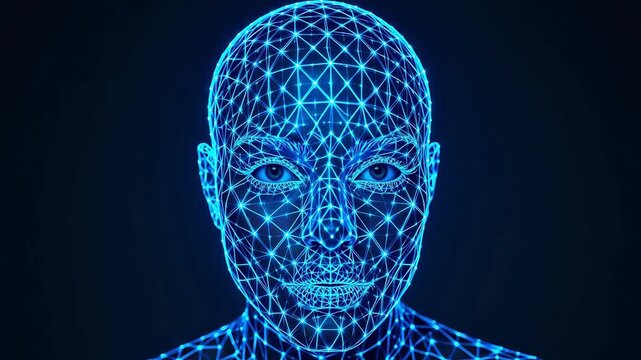 Digital human face with blue wireframe emphasizing family bonds and togetherness