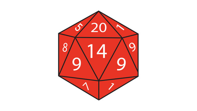 Red Twenty-Sided Die D20 Vector Icon for Tabletop RPG Gaming and Board Games, Featuring a Modern Flat Design with Editable Stroke on a White Background, Perfect for Fantasy Roleplaying Projects.