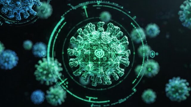 Microscopic virus particle with digital futuristic interface green and blue colors showcasing science technology concepts infection pandemic visualization 3D rendering infectious pathogen floating