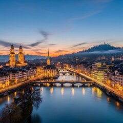 Obraz premium Cityscape at dusk, glowing lights reflect on river, bridges, historical buildings, mountains
