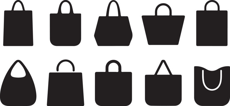 Simple black flat of shopping bags and handbags with handles isolated on white background black shopping bag