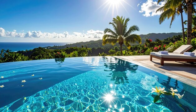 Tropical infinity pool overlooking ocean with palm trees and clear sky