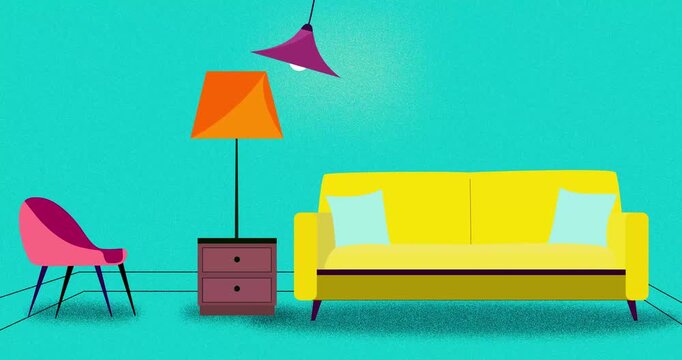 Blue color room with furniture cartoon intro. Sofa chair and two different lamps with shadows come to scene from different directions with pulsing background. Motion design explainer animation.