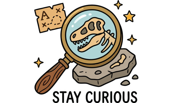 A magnifying glass reveals a dinosaur fossil on a rock with a map and sparks around it.
