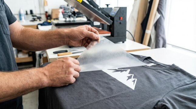 Worker hands peeling clear transfer film from printed graphic design on a dark t-shirt