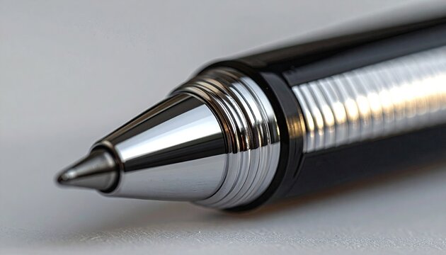 Close-up of a sleek metallic ballpoint pen on a smooth surface