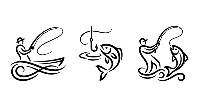 Fishing Icons - Angler, Boat, Fish, Hook, and Rod Depicted in Black and White.