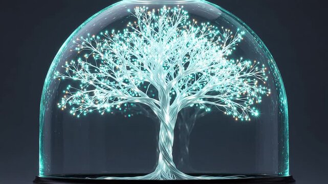 Tree inside glass dome with lights emphasizing speed, motion, and dynamic energy