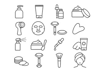 Obraz premium Minimalist Skincare and Beauty Icon Set Featuring Line Art Illustrations of Facial Products, Serum Bottles, Gua Sha, Face Masks, Sunscreen, and Cosmetic Tools for Daily Self Care Routine