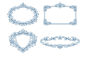 Obraz premium Elegant Blue Floral Baroque Frames Set, Hand Drawn Minimalist Line Art Vector Design with Vintage Borders, Scrolls, and Acanthus Leaf Ornaments for Wedding Invitations, Labels, and Luxury Branding.