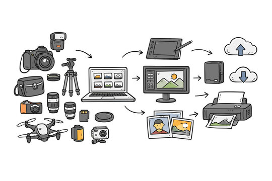 Sketched Photography Equipment and Post-Processing Workflow Vector Illustration with DSLR Camera, Drone, Lenses, Tripod, Laptop, Graphic Tablet, Monitor, Printer, Cloud Storage, and Photo Prints