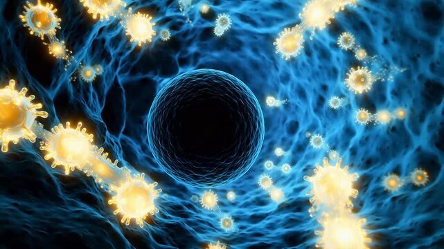 Microscopic view of cells and particles emphasizing health, wellness, and vitality