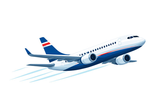 Commercial passenger airplane flying in motion across a simple white background, flat vector illustration of a modern jet airliner taking off with speed lines, travel and aviation concept.