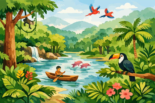 Amazon Rainforest Landscape Illustration with Person in Canoe, Pink River Dolphins, Toucan, Macaws, and Monkey in a Lush Tropical Jungle with Waterfall and Mountains, Watercolor Vector Art.