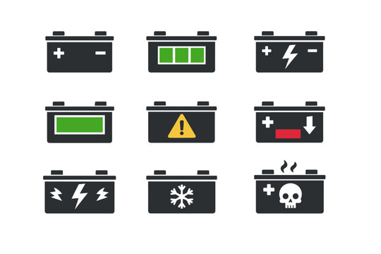 Car Battery Icons Set: Energy and Power Accumulator Symbols, Auto Battery Status Indicators for Charging, Full, Low, Warning, Cold, and Dead Battery, Flat Vector Illustration for Automotive Apps
