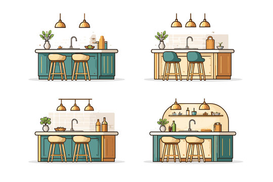 Vector illustration set of modern luxury kitchen islands featuring stylish bar stools, elegant pendant lights, and sinks. Custom-built home interior design icons for architectural projects.