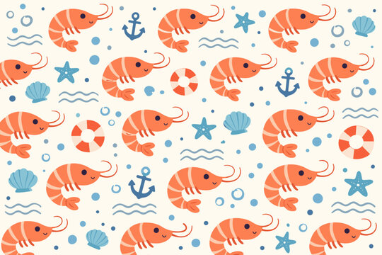 Cute Shrimp Seamless Pattern with Nautical Elements. Minimalist Vector Background featuring Orange Prawns, Blue Anchors, Starfish, Seashells, Lifebuoys, and Waves. Flat Illustration for Fabric.