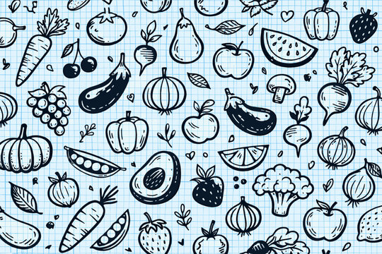Seamless Pattern with Ink Doodle Abstract Fruits and Vegetables on Blue Grid Background; Trendy Aesthetic Farmer Market Illustration with Carrot, Apple, Avocado, Broccoli, Pear and Strawberry.