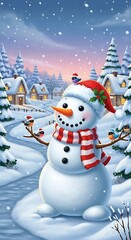 Obraz premium Cheerful snowman in a snowy village, with birds perched on his hat and arms