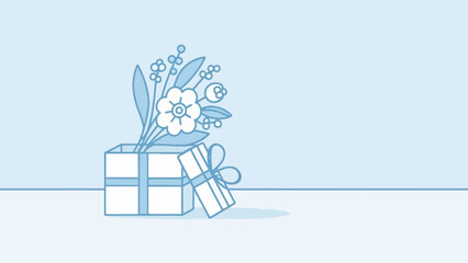 Fototapeta premium Minimalist flower bouquet and gift box illustration on blue