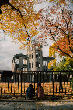 Kids in Hiroshima Peace Memorial, Japan, in Autumn. 