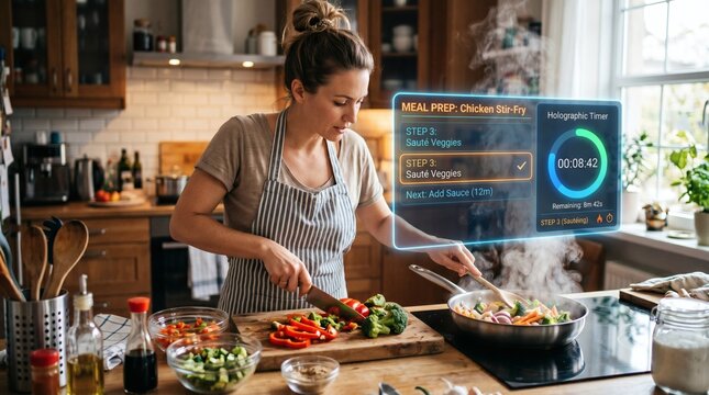 A woman in an apron is cooking a healthy meal in a modern kitchen, with a futuristic holographic interface displaying meal prep instructions and a timer.