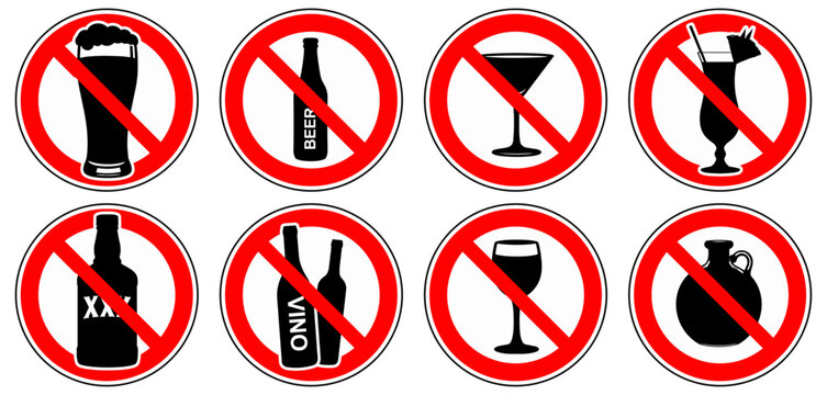Set mit Alkoholverbot-Schildern und Piktogrammen f&uuml;r Bier, Wein, Cocktails und Spirituosen als skalierbare Vektorgrafik