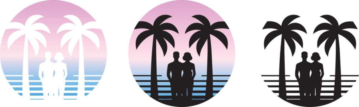 Family emigration and relocation to paradise island country. Round symbol of people dreaming of new life and beach holiday (3 vectors)
