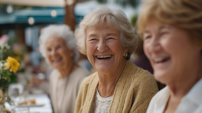 Multicultural group of elder women laughing together at an outdoor Mother's Day brunch table decorated with handmade cards and spring flowers, authentic joy, multigenerational family gathering, May 