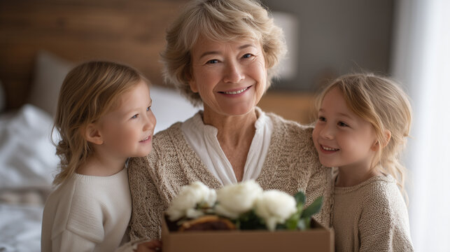 Mother receiving a handmade card from two young children on Mother's Day morning, breakfast tray in background, candid unposed joyful moment, family love, motherhood celebration, domestic warmth spr