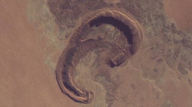 sinuous. A stunning aerial view from space of a massive, sinuous sand dune resembling a slug, dramatically cutting through a textured floodplain landscape. travel magazines.
