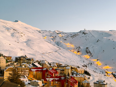 Snowy Ski Resort Sunset
