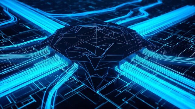 Abstract digital circuit with glowing lines emphasizing urban lifestyle and city dynamics