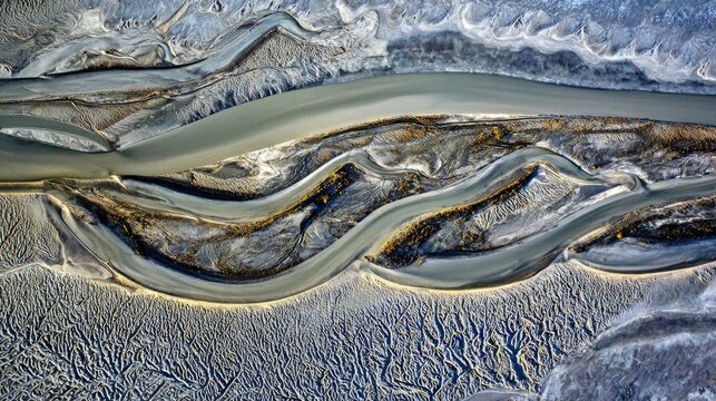 sinuous. A stunning aerial view from space of a massive, sinuous sand dune resembling a slug, dramatically cutting through a textured floodplain landscape. travel magazines.

