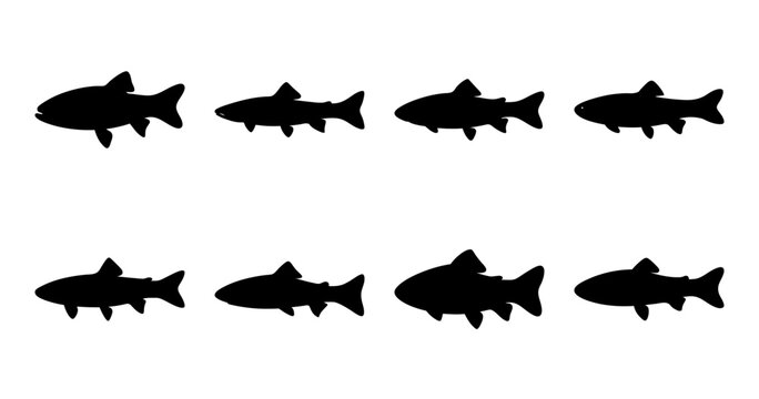 Eight stylized fish silhouettes arranged in two rows on a white background