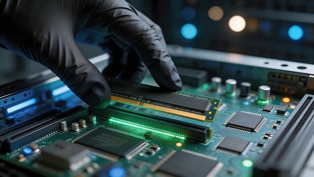 Hand installing RAM on a circuit board